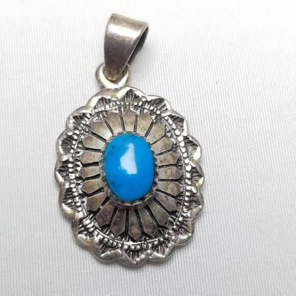 Vintage JC Signed Sterling Silver Turquoise Oval Shape Pendant, Estate - Picture 1 of 7